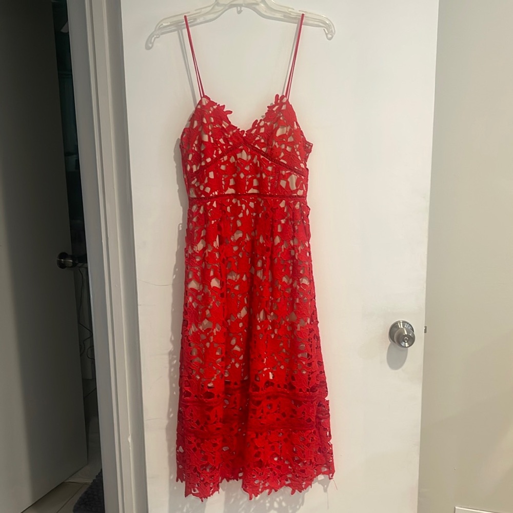 Red crochet midi cocktail dress